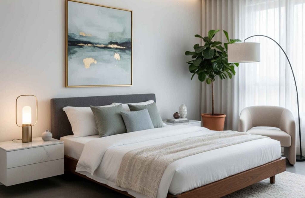 professional-home-organizer-clearwater-fl-letting-go-with-intention-calm-serene-bedroom-low-bed-soothing-art-over-headboard-large-window-with-drapes